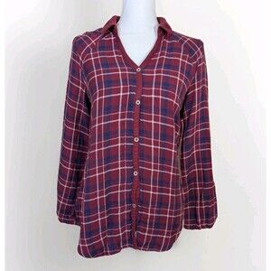 Saturday Sunday Anthropologie Top S Maroon Plaid Button Up Boho Casual